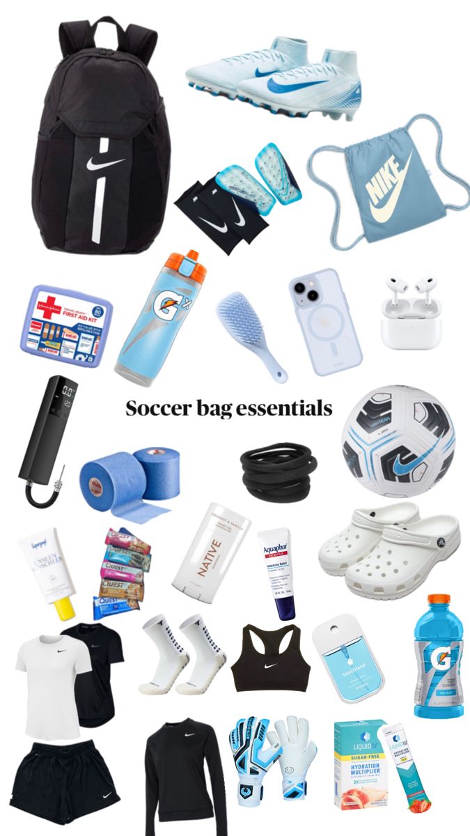 various sports items are arranged in the shape of a circle with text overlay that reads soccer essentials