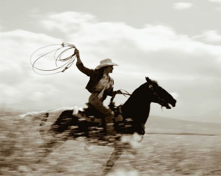 a man riding on the back of a horse while holding a lasso in his hand