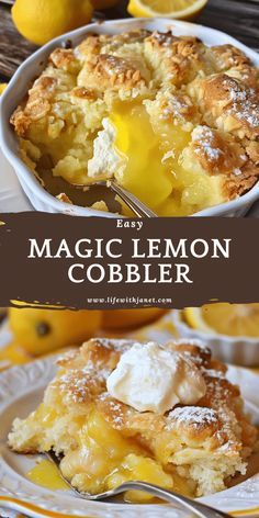 a close up of a plate of food with lemons in the background and text overlay reading easy magic lemon cobbler