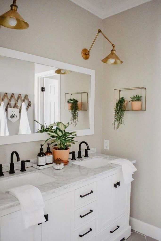 a bathroom with two sinks, mirrors and plants on the counter top in front of it