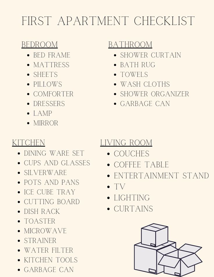 the first apartment checklist is shown in black and white, with instructions for each room