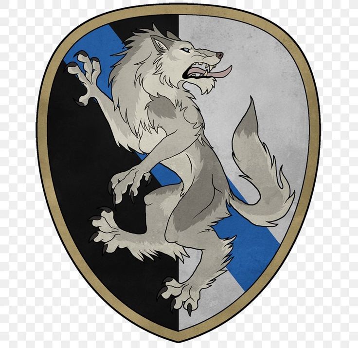 an emblem with a wolf on it's back and blue stripes around the crest