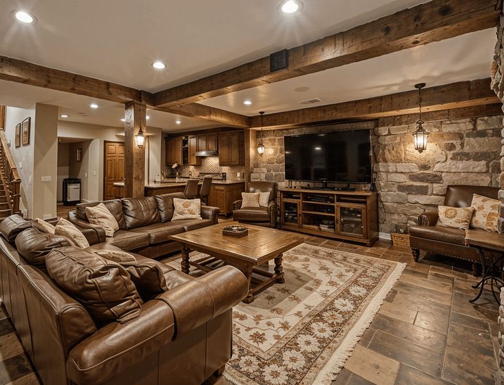 a living room filled with furniture and a large flat screen tv mounted to the wall