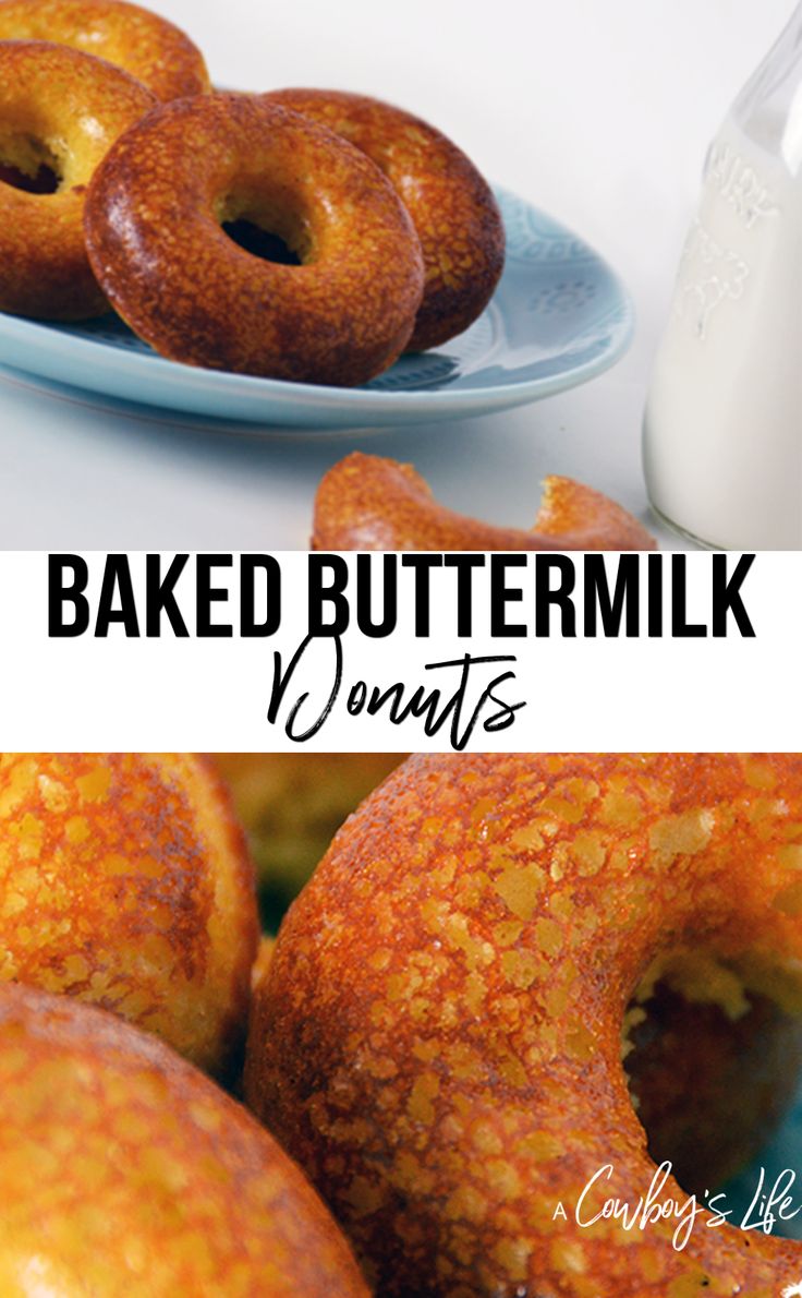 baked buttermilk doughnuts on a plate next to a bottle of milk