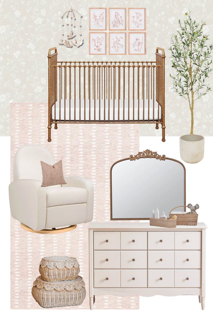 a baby's room with pink and white decor, including a crib, chair, dresser, mirror and potted plant