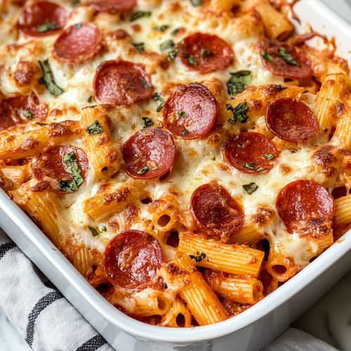 a casserole dish with pepperoni and pasta