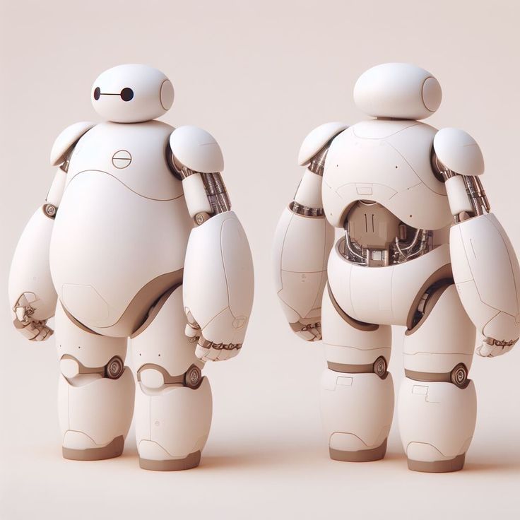 two white robots standing next to each other in front of a beige background with one robot facing the camera