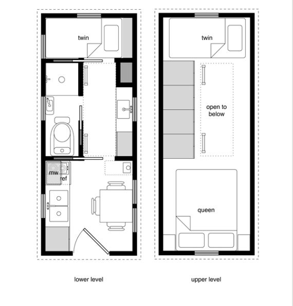 the floor plan for a tiny house with two separate rooms and one living room in it