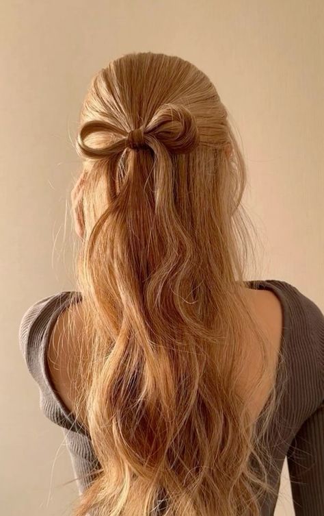 Cute Hairstyles With Ribbon Bow, Hairstyles With One Ribbon, How To Do Ribbon Hairstyle, Bow Hair Ponytail, Bow With Hair Hairstyles, Hair Into Bow Tutorial, How To Make Your Hair Into A Bow, How To Make Bow With Hair, Bow Made Out Of Hair Tutorial