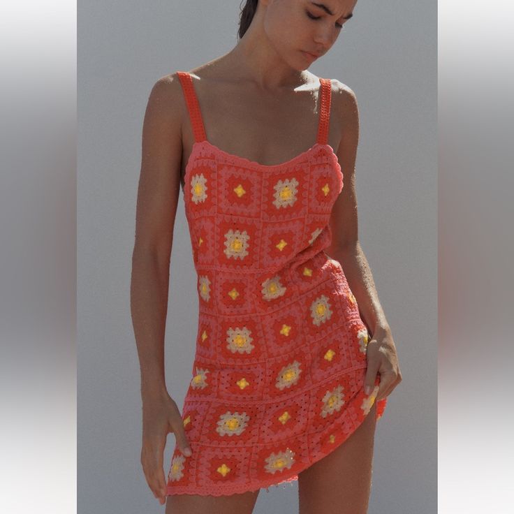 Mini Dress With Straight Neckline And Straps Contrasting Inner Lining Pink And White Fitted Crochet Dress For Beach Day Out, Fitted Crochet Dress For Beach Season Day Out, Orange Mini Dress For Beach Season, Summer Crochet V-neck Dress, Spring Mini Crochet Dress For Brunch, Spring Vacation Mini-length Crochet Dress, Spring Vacation Mini Crochet Dress, Spring Summer Crochet Mini Dress, Spring Crochet Mini Dress For Summer