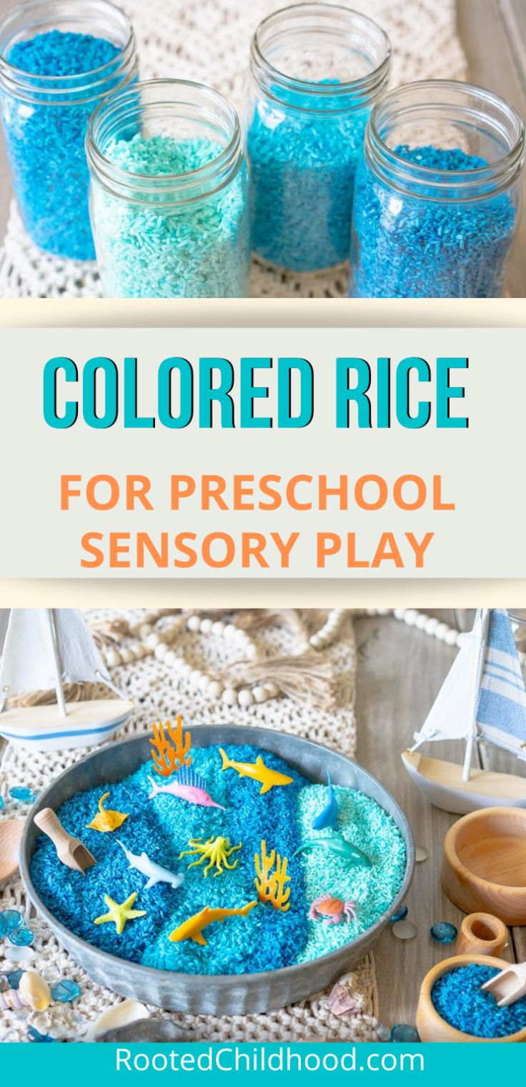 colorful rice for preschool to play in the sand and water with text overlay that reads colored rice for preschool to play