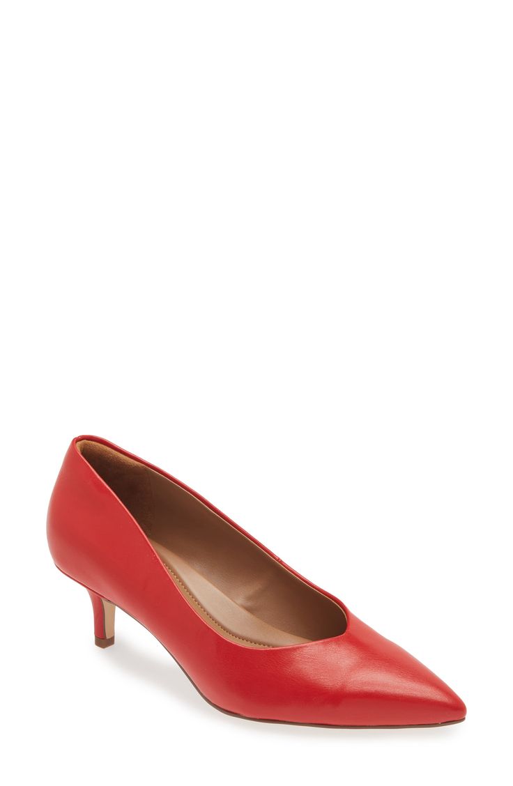 A pointed toe and a kitten heel make this pump a perfectly poised option for any occasion.  Synthetic upper and lining/rubber sole Imported Red Kitten Heels With Sculpted Heel, Red Low Kitten Heels With Sculpted Heel, Red Low Heel Kitten Heels With Sculpted Heel, Red 4-inch Kitten Heels For Spring, Fitted Red Court Shoes With Padded Heel, Red Low Heel Kitten Heels For Spring, Red Kitten Heels With Padded Heel, Red Pointed-toe Kitten Heels With Sculpted Heel, Red Pointed Toe Kitten Heels With Sculpted Heel