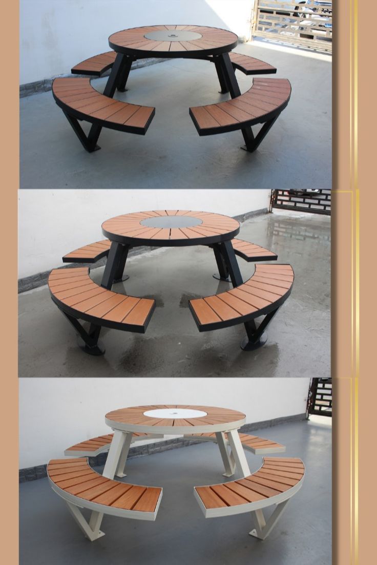 four different views of an outdoor table and bench with circular wooden benches on each side