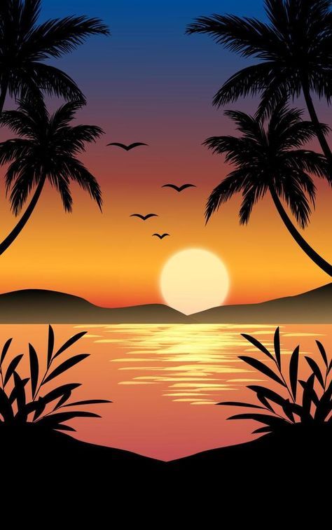 a sunset with palm trees and birds flying over the water