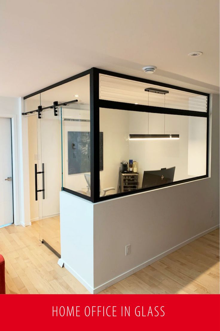 Small Glass Office Work Spaces, Half Glass Wall Office, Home Office Glass Wall, Small Office Kitchen, Office Partition Design, Open Concept Office, Glass Wall Office, Small Office Design Interior, Basement Office