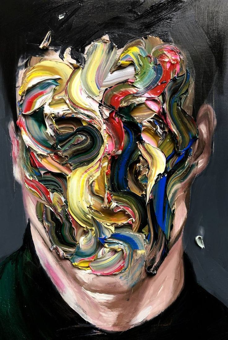 an abstract painting of a man's face with multicolored hair