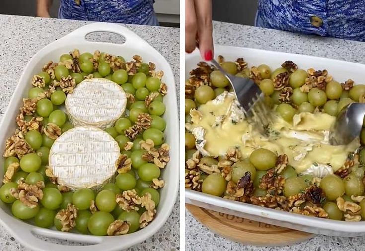 two pictures of grapes and cheese in a casserole dish