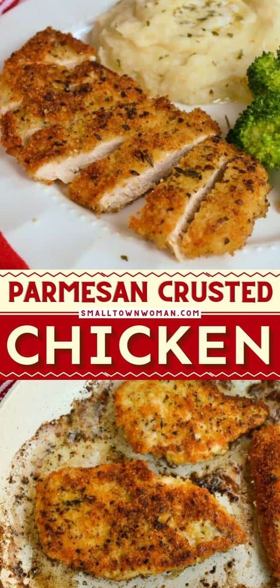 this is an advertisement for parmesan crusted chicken with broccoli and mashed potatoes