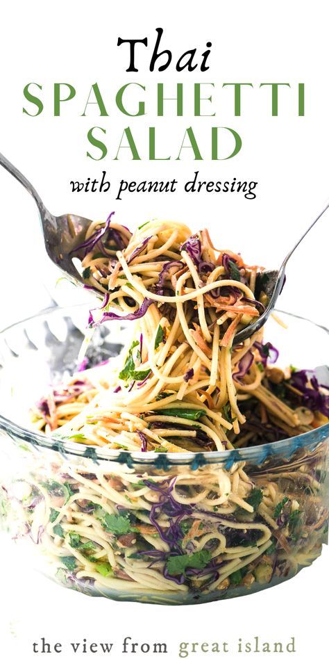 spaghetti salad with peanut dressing in a glass bowl