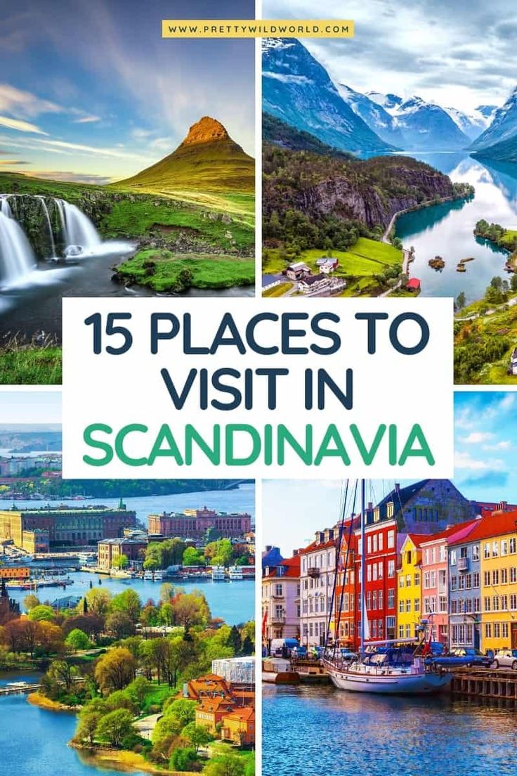 the cover of 15 places to visit in scandinaviania, with pictures of mountains and water