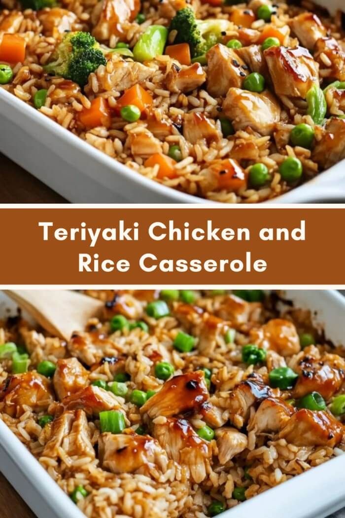 teriyaki chicken and rice casserole in a white dish