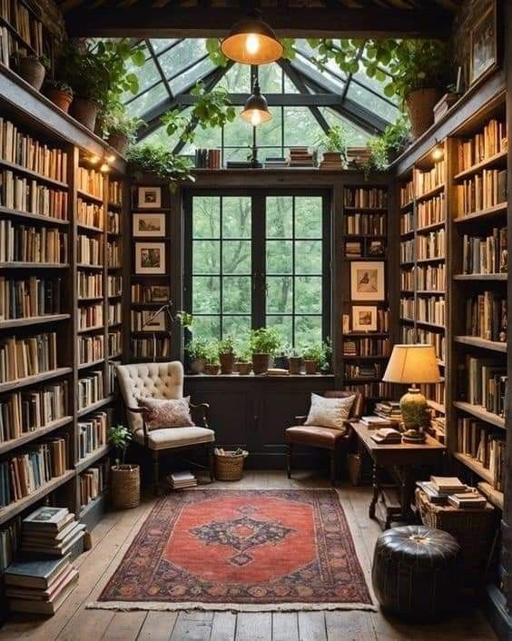 a room filled with lots of books and furniture