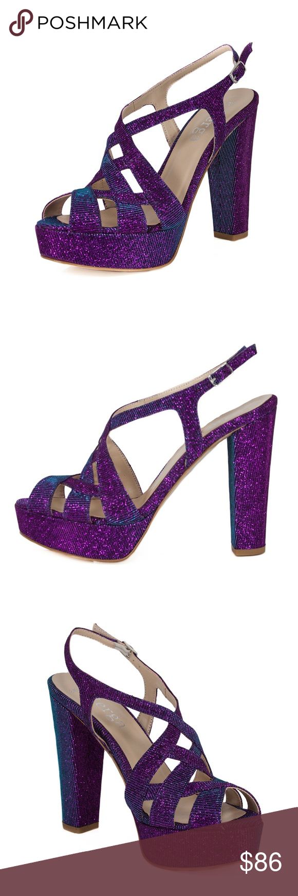 PERI Purple Aqua Strappy Handmade Sandal Heels You'll be a showstopper in our Peri Purple Aqua platform sandals. These shoes are all the “sexy” you going to need to add to your look! Featuring high quality, handmade, adjustable ankle strap with side silver buckle closure, covered aqua and purple opalescent which is very rare and special designed fabric covered block heel. V-shaped peep toe with crisscrossed straps.  Designed with a lightly cushioned, leather lined sole. 120 mm (4.72 inch) block heel, platform height is 12mm (0.47 inch) Zerga Shoes Shoes Platforms Dressy Dress, Formal Dance, Handmade Sandals, Shoes High Heels, Heels Platform, Sandal Heels, Prom Formal, Dressy Dresses, Blue Glitter