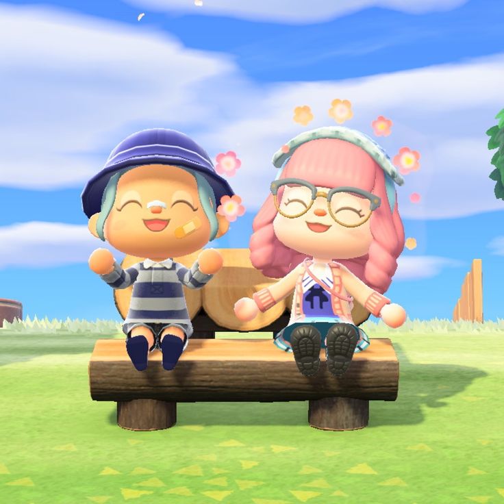 an animal crossing character sits on a bench next to another animal crossing character in the background