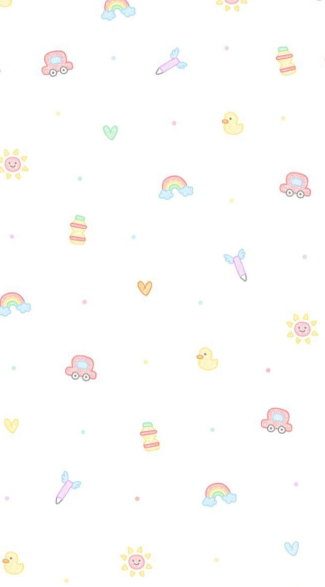 a white background with pastel colored baby toys and hearts on the bottom right corner