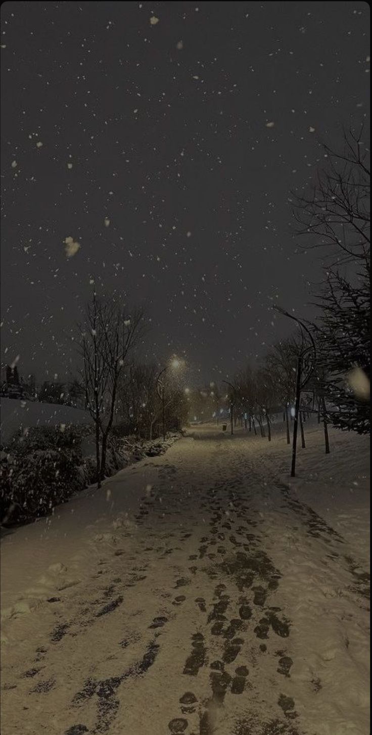 a snowy night with footprints in the snow