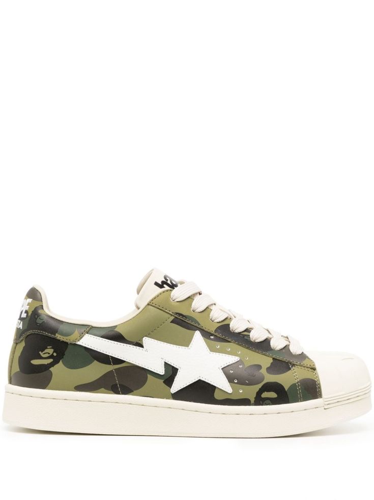 olive green light olive green calf leather camouflage print round toe appliqué detail logo patch at the tongue branded heel counter front lace-up fastening rubber toecap flat rubber sole Light Olive Green, Camouflage Print, Bathing Ape, A Bathing Ape, Green Light, Leather Sneakers, Patch Logo, Calf Leather, Light Green