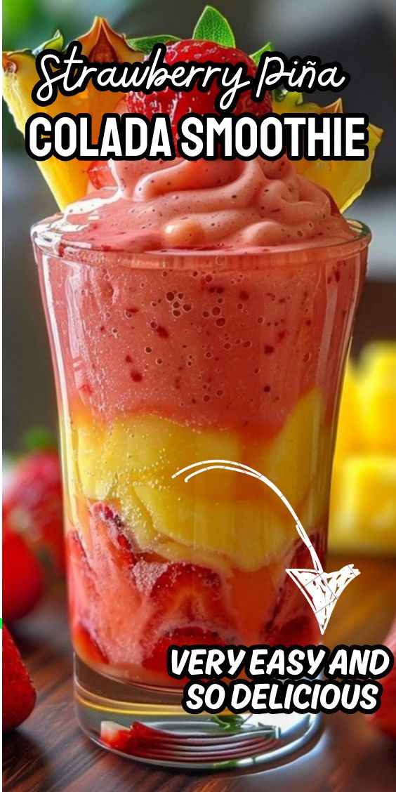 Strawberry Piña Colada Smoothie Strawberry Pina Colada Smoothie, Pina Colada Breakfast Smoothie, Costco Smoothie Recipe, Pins Colada Smoothie, Healthy Soomthies, Pina Colada Smoothie Healthy, Frozen Strawberry Smoothie, Pina Colada Smoothie Recipe, Piña Colada Smoothie