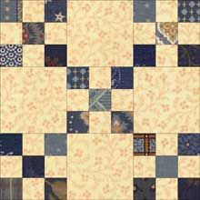 an image of a blue and beige quilt with many different designs on the back side