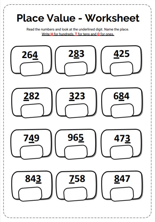 the place value worksheet for numbers to be used in this lesson, which is also