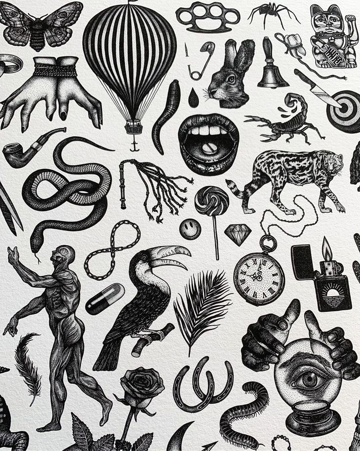 black and white drawing of various items in the shape of an animal, bird, snake, man