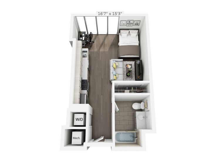 an apartment floor plan with one bedroom and two bathrooms