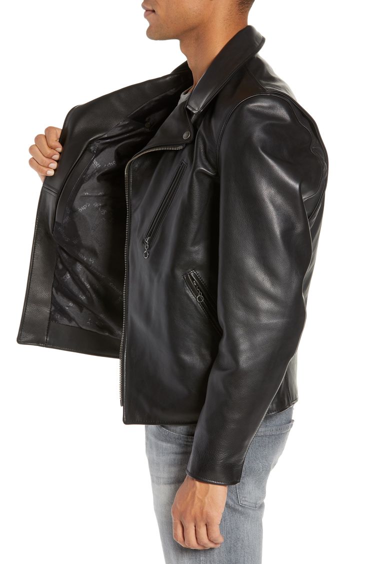 A quintessential moto jacket crafted from heavyweight cowhide leather with a waxy finish is designed with all the classic details of a ready-to-ride style. Bi-swing shoulders allow for easy movement on or off the bike. Style Name:Schott Nyc Waxy Cowhide Leather Moto Jacket. Style Number: 5769862. Moto Leather Outerwear With Double-needle Sleeve, Classic Fitted Leather Biker Jacket, Classic Leather Biker Jacket, Classic Leather Biker Jacket For Biker Events, Classic Leather Jacket For Motorcycling, Classic Leather Motorcycle Jacket, Classic Black Leather Motorcycle Jacket, Classic Leather Jacket For Motorcycling In Fall, Classic Leather Jacket For Motorcycling In Winter