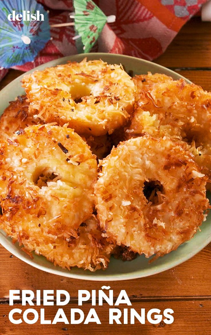 fried pina colada rings on a plate with the words fried pina colada rings