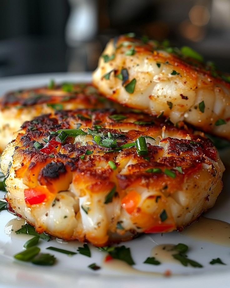 two crab cakes on a white plate with green garnish