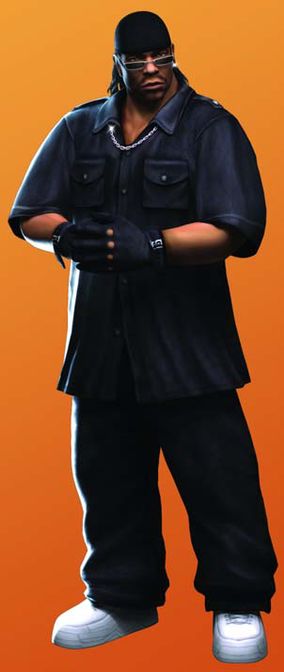 a man with his arms crossed standing in front of an orange background wearing black clothing