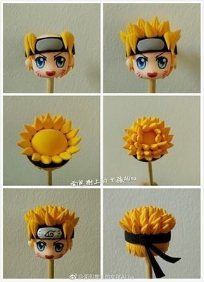 four pictures of the same character with different expressions on their faces, and one has a sunflower in front of them