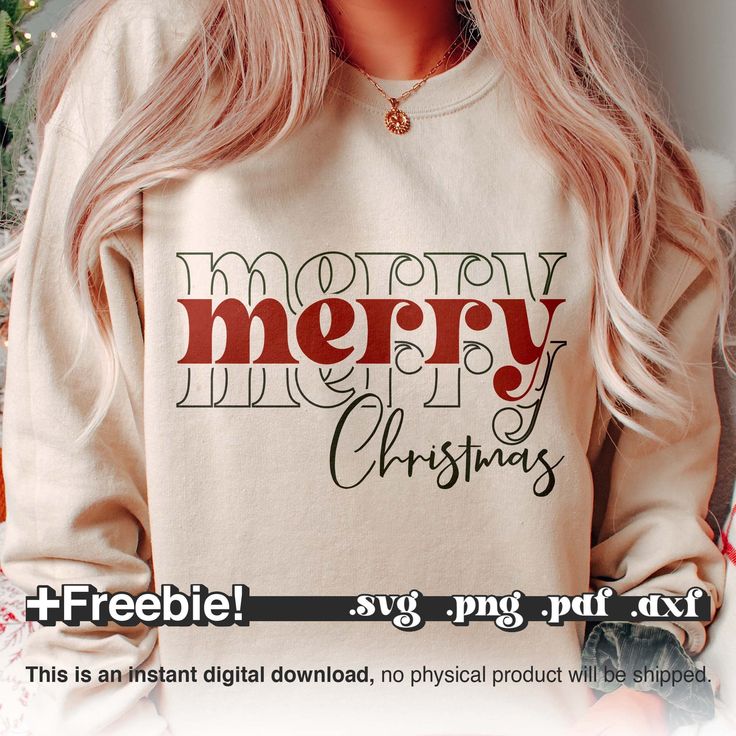 a woman with long blonde hair wearing a merry christmas sweatshirt