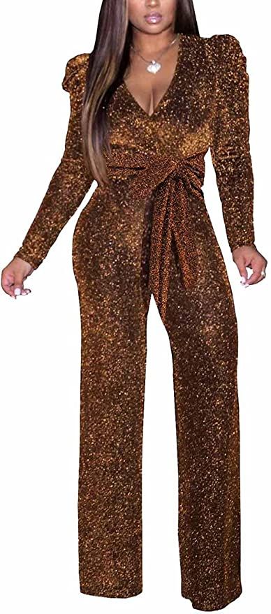 Amazon.com: Plus Size Jumpsuits for Women Sexy Sparkly Elegant Clubwear V Neck Long Sleeve Wide Leg Pants Rompers with Belt : Clothing, Shoes & Jewelry Glitter Jumpsuit, Sparkly Jumpsuit, Romper Long Pants, Bodycon Outfits, Nye Dress, Party Rompers, High Waisted Wide Leg Pants, Sequin Jumpsuit, Jumpsuit Elegant