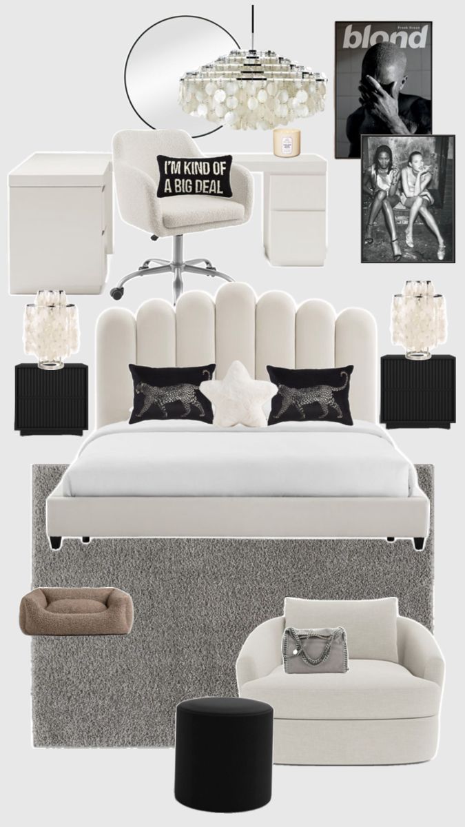 a bedroom with white furniture and pictures on the wall, including a bed, chair, ottoman