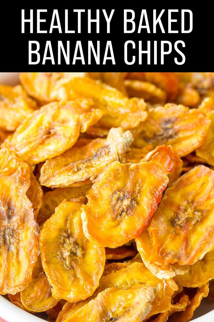 healthy baked banana chips in a bowl with text overlay that reads healthy baked banana chips