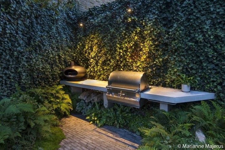 an outdoor bbq grill in the middle of some plants and trees with lights on it