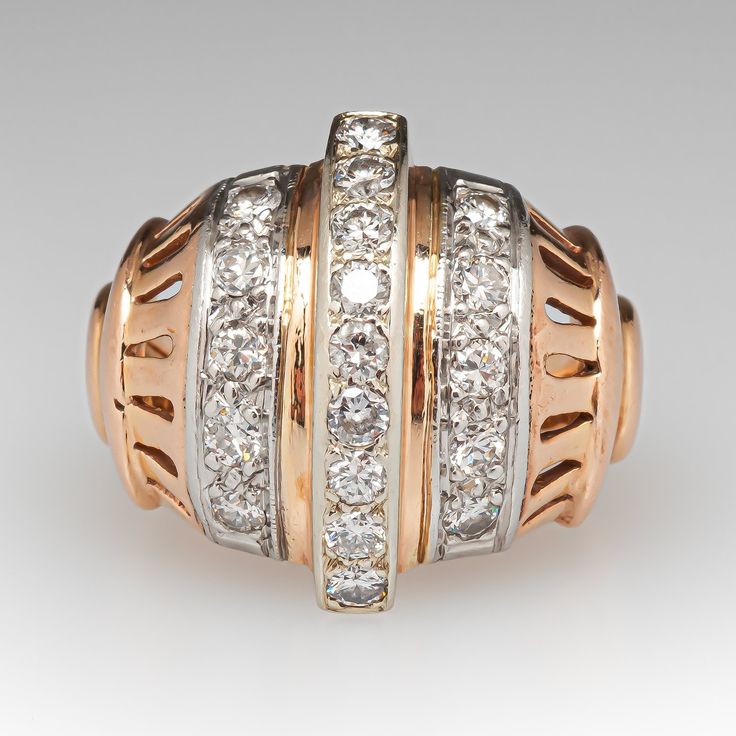 This vintage circa 1940s 14K rose gold ring is accented with nineteen (19) round brilliant cut diamonds bead set into platinum settings. The shoulders of the ring features a pierced design. The ring measures 18.8mm at the top, rises 6.8mm above the finger, tapering to 3.0mm wide and 0.8mm thick at the base of the shank. It is currently a size 5.75 nd has a beautiful unpolished patina. Three of the diamonds are lightly chipped. Vintage Rose Gold Diamond Jewelry, Vintage 14k Rose Gold Diamond Ring, Vintage Rose Gold Rings With Single Cut Diamonds, Vintage Rose Gold Jewelry With Diamond Accents, Vintage Rose Gold Diamond Anniversary Ring, Vintage Rose Gold Diamond Ring, Vintage Jewelry With Pave Setting For Formal Occasions, Rose Gold Art Deco Diamond Ring, Vintage Rose Gold Rings With Prong Setting