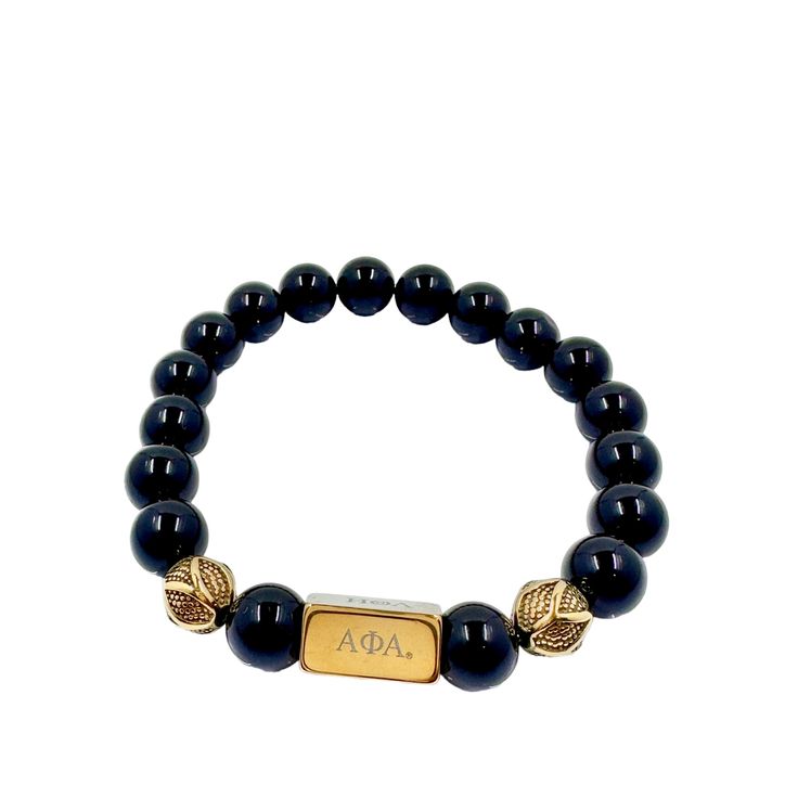 Make a lasting impression with the Alpha Phi Alpha Fraternity Custom Bead Bracelet! Crafted from high-quality Onyx stone and 18K gold plated stainless steel decorative balls, this elegant piece of jewelry is sure to get you noticed. Its tarnish-free and waterproof design makes it durable enough for everyday wear. Plus, it features a beautiful gold plated bar that is engraved with the iconic Alpha Phi Alpha Greek letters — adding the perfect finishing touch to your look. Choose between three uniq Elegant Personalized Jewelry With Round Beads, Elegant Personalized Round Bead Jewelry, Elegant Personalized Stretch Bracelet With Round Beads, Elegant Personalized Black Bracelets, Elegant Personalized Black Name Bracelet, Elegant Black Personalized Name Bracelet, Elegant Formal Beaded Bracelets With Gemstone Beads, Classic Onyx Beaded Bracelets With Adjustable Fit, Adjustable Gold Rosary Bracelet With Natural Stones