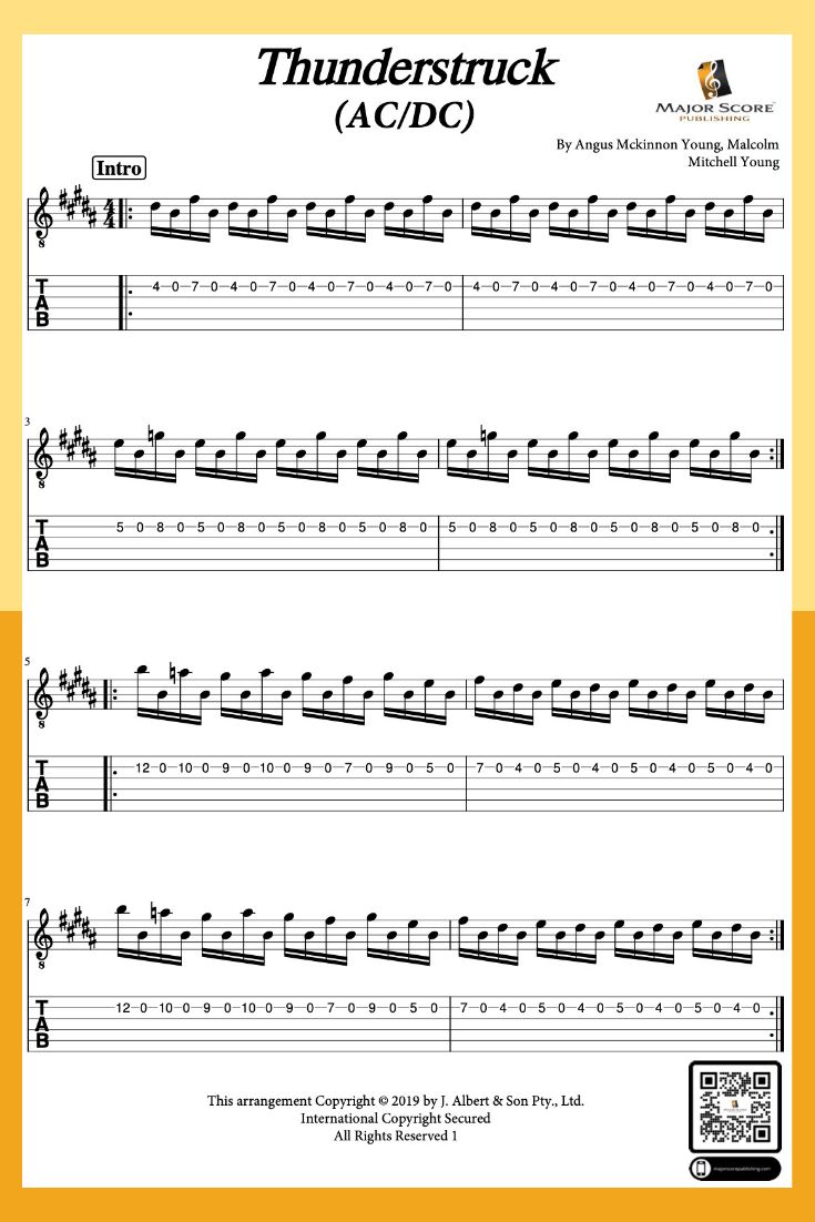 the music sheet for thundertruck, with notes and tabulas in english