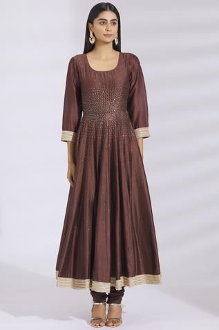 Shop for Bohame Brown Embellished Chanderi Silk Anarkali Set for Women Online at Aza Fashions Sheer Dupatta, Silk Anarkali, Zardozi Embroidery, Sequin Embellishment, Embellished Neckline, Churidar, Set For Women, Anarkali, Aza Fashion